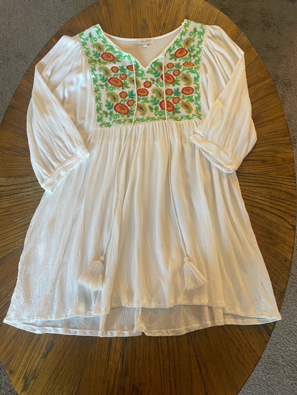 Velzera White Embroidered Peasant Top with Green and Orange Accents